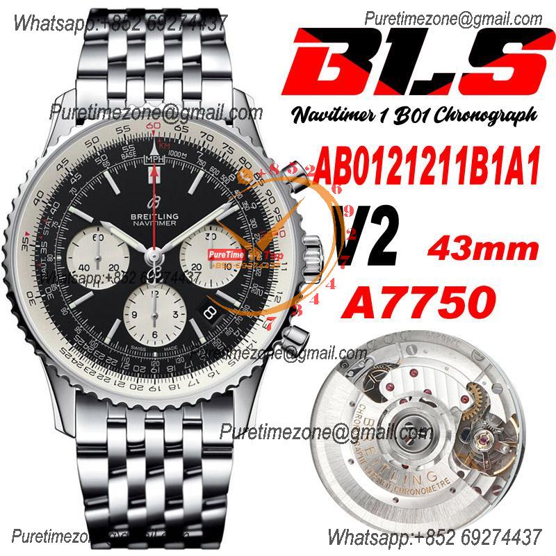 AB0121211B1X1 Navitimer A7750 Automatic Chronograph Mens Watch 43mm Black Dial SS Bracelet  Best Edition V2