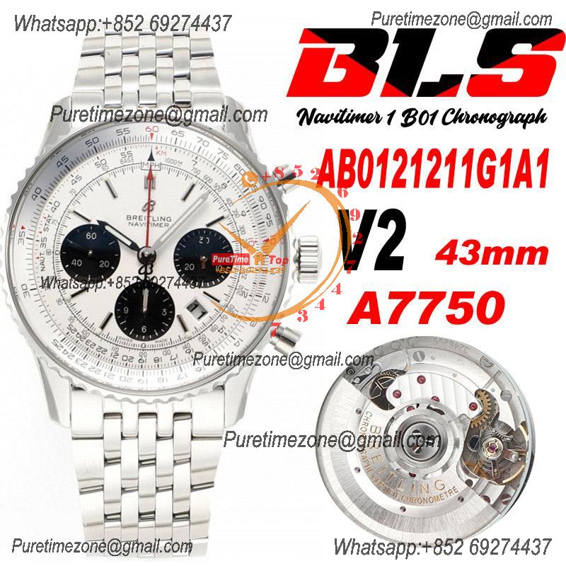 AB0121211B1X1 Navitimer A7750 Automatic Chronograph Mens Watch 43mm White Dial SS Bracelet  Best Edition V2