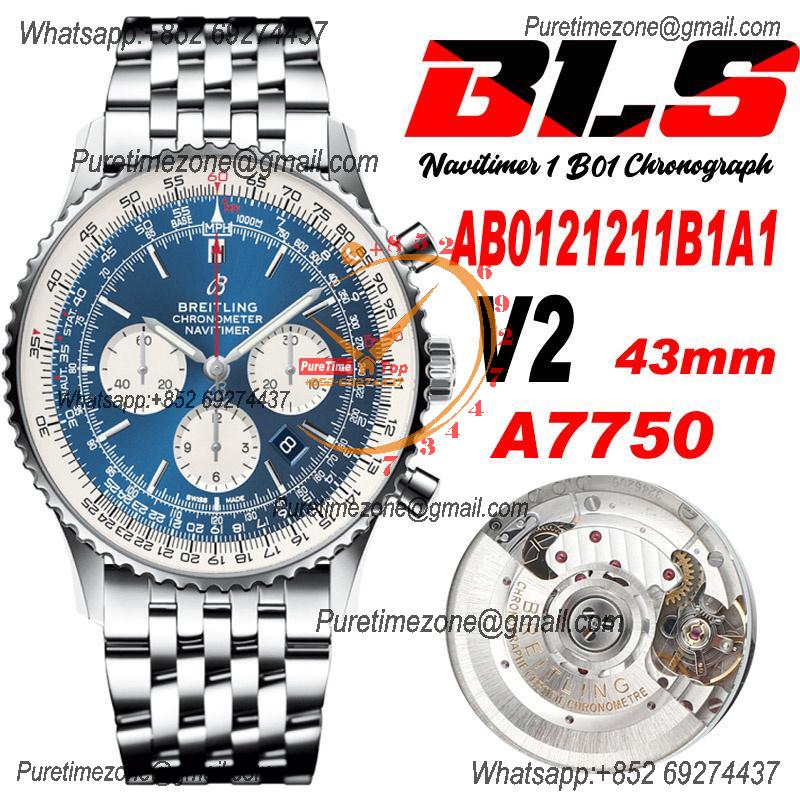 AB0121211B1X1 Navitimer A7750 Automatic Chronograph Mens Watch 43mm Blue Dial SS Bracelet  Best Edition V2