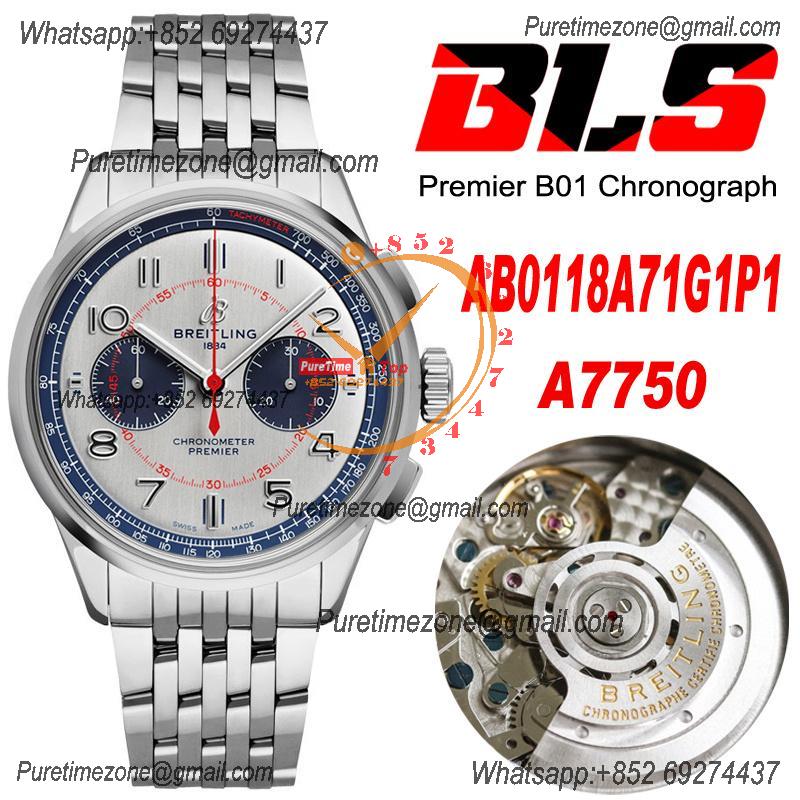 Premier B01 AB0118 A7750 Automatic Chronograph Mens Watch BLSF 42 Bentley Racing Silver Dial SS Bracelet Best Edition