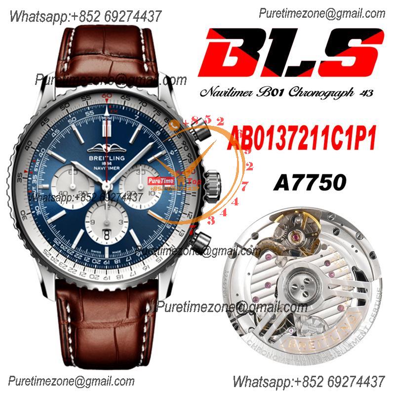 Navitimer B01 AB0137211 A7750 Automatic Chronograph Mens Watch Best Edition BLSF Blue Dial Brown Leather Strap