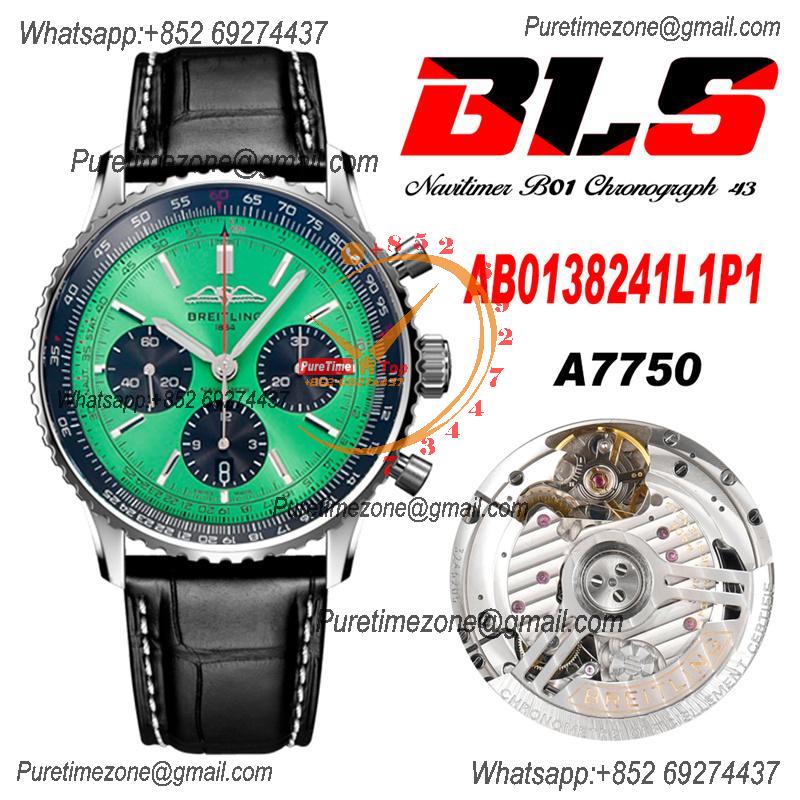 Navitimer B01 AB0138241 A7750 Automatic Chronograph Mens Watch Best Edition BLSF Green Dial Black Leather Strap