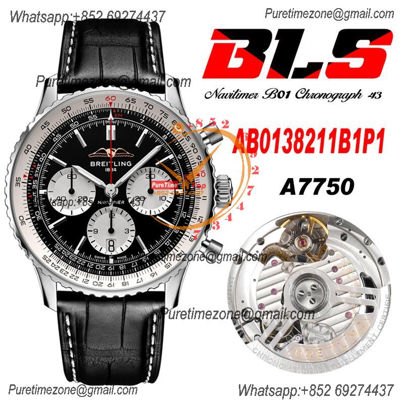 Navitimer B01 AB0138211 A7750 Automatic Chronograph Mens Watch Best Edition BLSF Black Dial Leather Strap