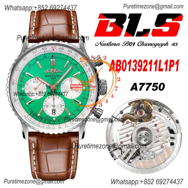 Navitimer B01 AB0139211 A7750 Automatic Chronograph Mens Watch Best Edition BLSF Green Dial Brown Leather Strap