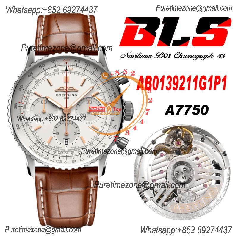 Navitimer B01 AB0139211 A7750 Automatic Chronograph Mens Watch Best Edition BLSF Silver Dial Brown Leather Strap