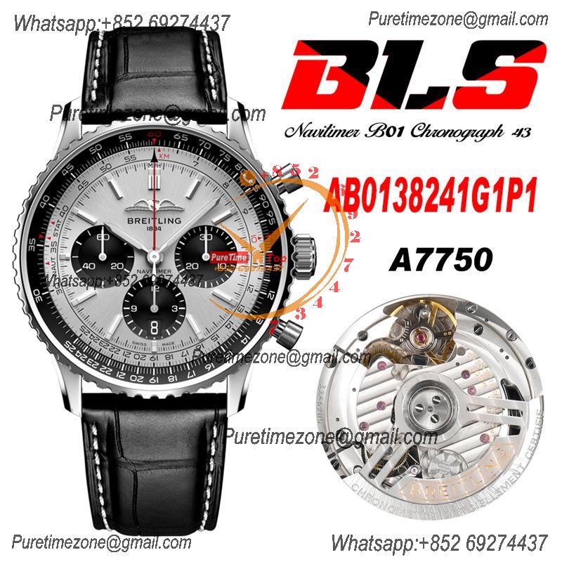 Navitimer B01 AB0138241 A7750 Automatic Chronograph Mens Watch Best Edition BLSF Silver Dial Black Leather Strap