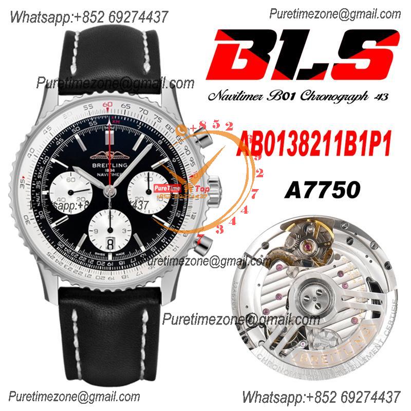 Navitimer B01 AB0138211 A7750 Automatic Chronograph Mens Watch Best Edition BLSF Silver Dial Black Leather Strap