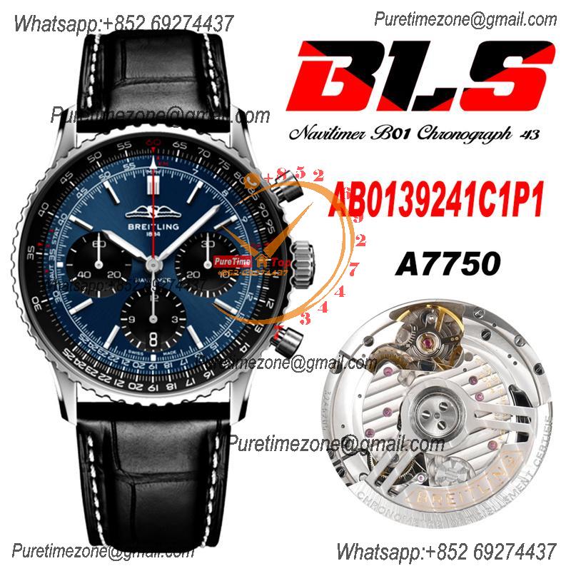 Navitimer B01 AB0139241 A7750 Automatic Chronograph Mens Watch Best Edition BLSF Blue Dial Black Leather Strap