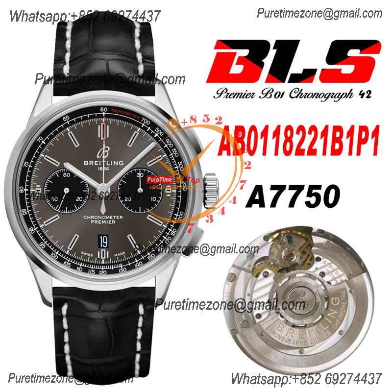 Premier B01 AB0118 A7750 Automatic Chronograph Mens Watch Best Edition BLSF Gray Dial Black Leather Strap V2