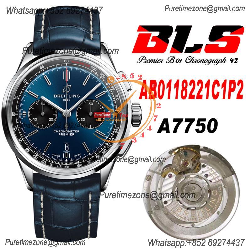 Premier B01 AB0118 A7750 Automatic Chronograph Mens Watch Best Edition BLSF Blue Dial Blue Leather Strap V2