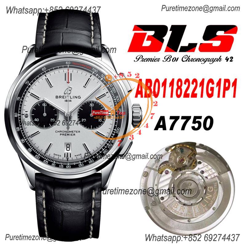 Premier B01 AB0118 A7750 Automatic Chronograph Mens Watch Best Edition BLSF White Pands Dial Black Leather Strap V2