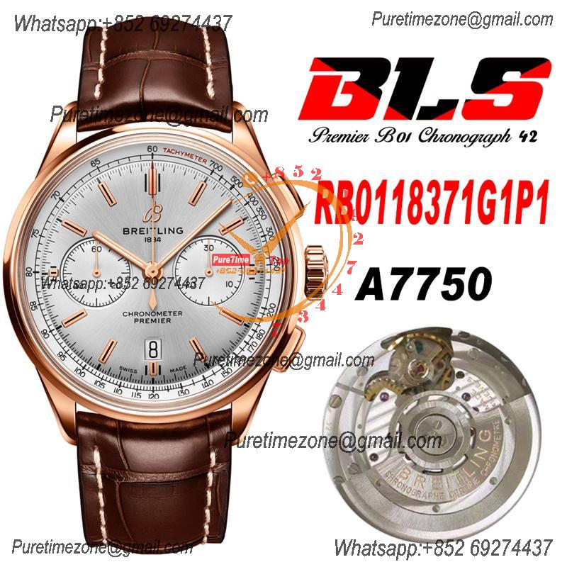 Premier B01 RB0118 A7750 Automatic Chronograph Mens Watch Best Edition BLSF Rose Gold Silver Dial Brown Leather V2