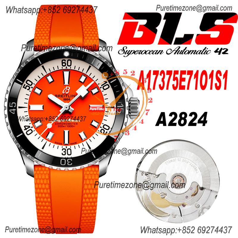 SuperOcean A17375 Automatic 42 SS A2824 Automatic Mens Watch Best Edition BLSF Orange Dial Rubber Strap