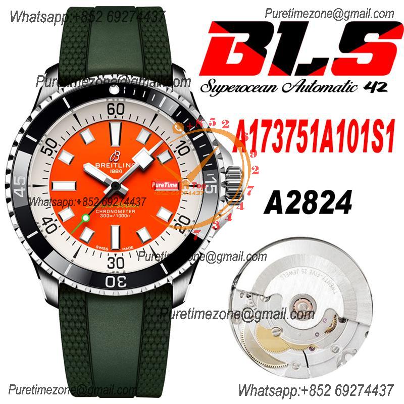 SuperOcean A17375 Automatic 42 SS A2824 Automatic Mens Watch Best Edition BLSF Orange Dial Green Rubber Strap