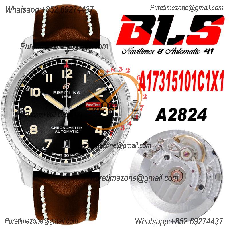 Navitimer Aviator 8 A173151 A2824 Automatic Mens Watch SS Best Edition BLSF Black Dial Brown Leather Strap