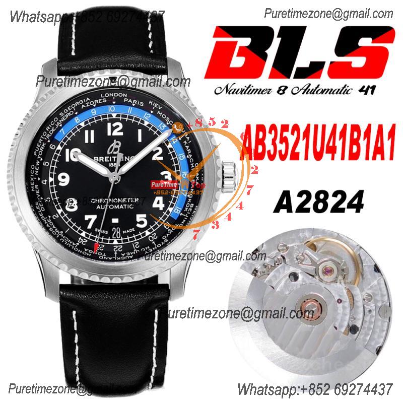 Navitimer Aviator 8 AB3521 A2824 Automatic Mens Watch SS Best Edition BLSF Black Dial Black Leather Strap