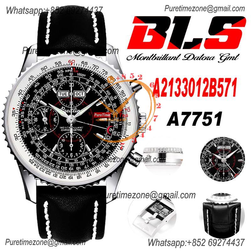 Montbrillant Datora GMT A2133012 A7751 Automatic Chronograph Mens Watch Best Edition BLSF Black Dial Leather Strap