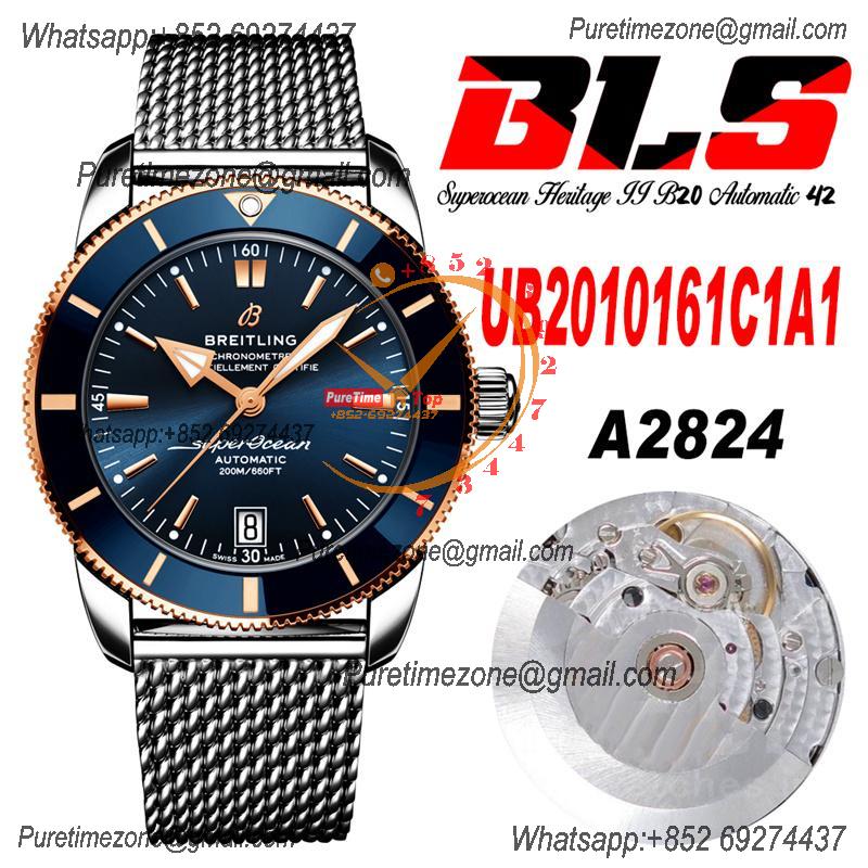 Heritage Automatic UB2010161 42 A2824 Automatic Mens Watch Best Edition BLSF Two Tone RG Blue Dial SS Mesh Bracelet