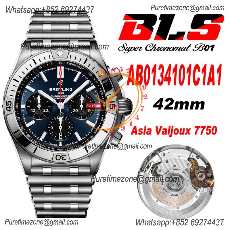 Chronomat B01 AB0134101 A7750 Automatic Chronograph Mens Watch Best Edition BLSF 42mm Blue Dial SS Bracelet