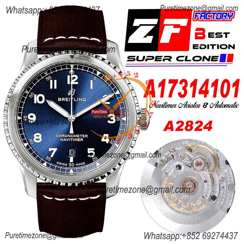 Navitimer Aviator 8 A17314101 A2824 Automatic Mens Watch Best Edition ZF SS Blue Dial Brown Leather Strap