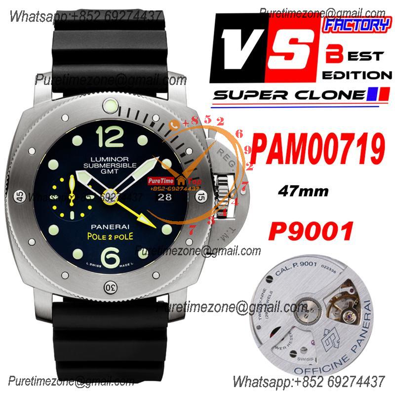 PAM00719 Luminor Submersible 1950 3 Days GMT P9001 Automatic Mens Watch Best Edition VSF 44mm Titanio Black Dial Rubber