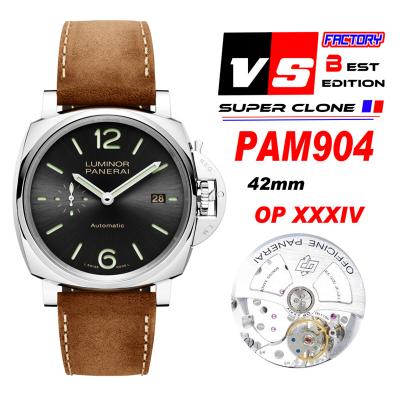 PAM00904 Luminor Due OP AXXXIV Automatic Mens Watch VSF 42mm Best Edition Gray Dial on Brown Asso Strap