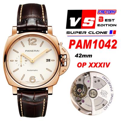 PAM1042 Luminor Due OP AXXXIV Automatic Mens Watch VSF 42mm Rose Gold Best Edition White Dial on Brown Leather Strap