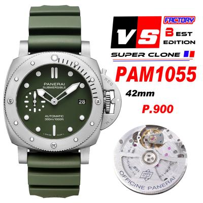 PAM01055 Luminor Submersible Verde Militare P900 Automatic Mens Watch VSF 42mm 1:1 Best Edition on Green Rubber Strap