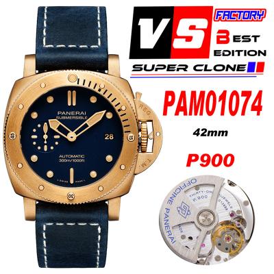 PAM01074 Submersible Bronzo Blu Abisso P900 Automatic Mens Watch VSF 42mm 1:1 Best Edition Blue Dial Calfskin Strap