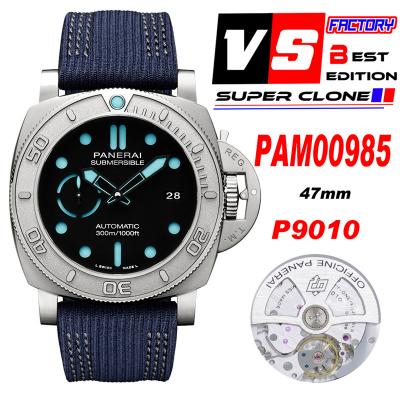 PAM00985  Submersible Mike Horn Edition Titanium P9010 Automatic Mens Watch VSF Best Edition Black Dial Blue Nylon Strap