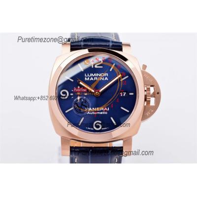 PAM01112 Luminor Marina Goldtech GMT P9010 Automatic Mens Watch RG VSF Best Edition Blue Dial on Blue Leather Strap