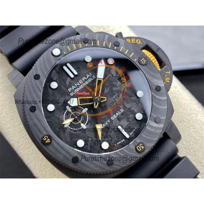 PAM01324 Submersible GMT Carbotech Navy Seals P9011 Automatic Mens Watch 44mm VSF Best Edition Carbon Dial Rubber Strap