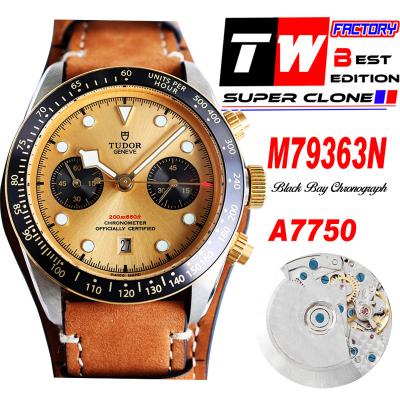 M79363N BLACK BAY CHRONO Automatic Chronograph Mens Watch TWF Two Tone Gold Dial Brown Leather Strap Super Clone