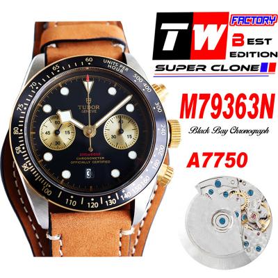 M79363N BLACK BAY CHRONO Automatic Chronograph Mens Watch TWF Two Tone Gold Black Dial Brown Leather Strap Super Clone