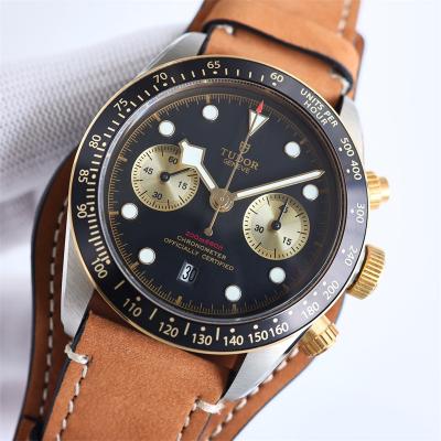 M79363N BLACK BAY CHRONO Automatic Chronograph Mens Watch TWF Two Tone Gold Black Dial Brown Leather Strap Super Clone