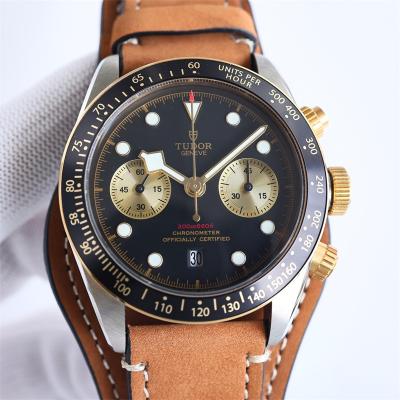 M79363N BLACK BAY CHRONO Automatic Chronograph Mens Watch TWF Two Tone Gold Black Dial Brown Leather Strap Super Clone