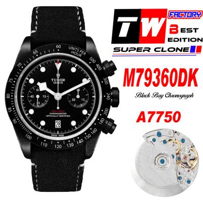 M79360DK BLACK BAY CHRONO Automatic Chronograph Mens Watch TWF All Black Steel Dial Leather Strap Super Clone