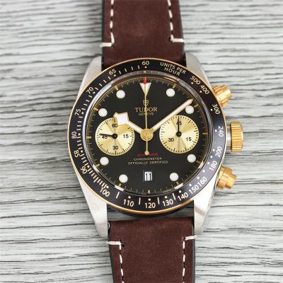 M79363N BLACK BAY CHRONO Automatic Chronograph Mens Watch TWF Two Tone Gold Black Dial Brown Leather Strap Super Clone