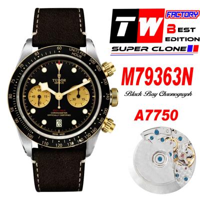 M79363N BLACK BAY CHRONO Automatic Chronograph Mens Watch TWF Two Tone Gold Black Dial Brown Leather Strap Super Clone