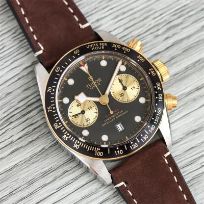 M79363N BLACK BAY CHRONO Automatic Chronograph Mens Watch TWF Two Tone Gold Black Dial Brown Leather Strap Super Clone