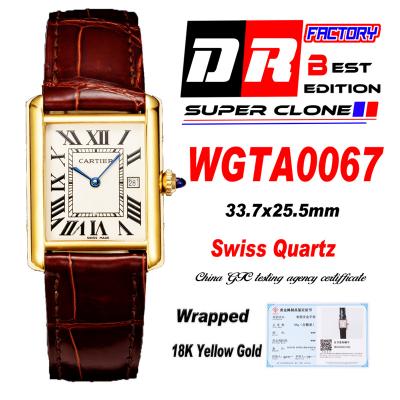 WGTA0067 Tank Louis L Wrapped Yellow Gold 25.5mm Swiss Quartz Unisex Watch DRF Best Edition White Dial Brown Croc Leathe