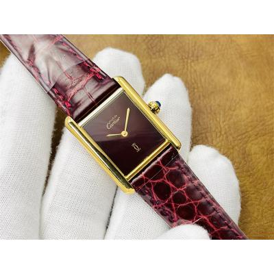 Vintage Tank Must L Wrapped 24K Yellow Gold 25.5mm Swiss Quartz Unisex Watch DRF Best Edition Red Dial Croc Leathe Strap