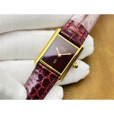 Vintage Tank Must L Wrapped 24K Yellow Gold 25.5mm Swiss Quartz Unisex Watch DRF Best Edition Red Dial Croc Leathe Strap