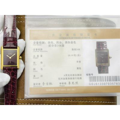 Vintage Tank Must L Wrapped 24K Yellow Gold 25.5mm Swiss Quartz Unisex Watch DRF Best Edition Red Dial Croc Leathe Strap