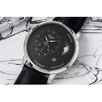 PanoMaticLunar MoonPhase A93-02 Automatic Mens Watch 1-90-02-43-32-05 AIF Steel Black Dial Leather  Best Edition