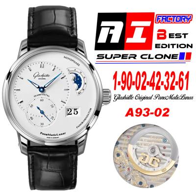 PanoMaticLunar MoonPhase A93-02 Automatic Mens Watch 1-90-02-42-32-61 AIF Steel White Dial Black Leather Best Edition