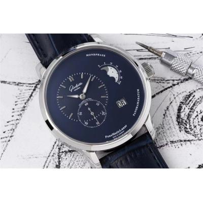 PanoMaticLunar MoonPhase A93-02 Automatic Mens Watch 1-90-02-46-32-35 AIF Steel Blue Dial Leather Best Edition