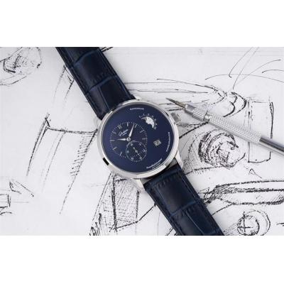 PanoMaticLunar MoonPhase A93-02 Automatic Mens Watch 1-90-02-46-32-35 AIF Steel Blue Dial Leather Best Edition