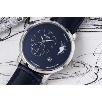 PanoMaticLunar MoonPhase A93-02 Automatic Mens Watch 1-90-02-46-32-35 AIF Steel Blue Dial Leather Best Edition