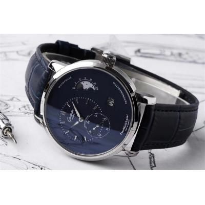 PanoMaticLunar MoonPhase A93-02 Automatic Mens Watch 1-90-02-46-32-35 AIF Steel Blue Dial Leather Best Edition